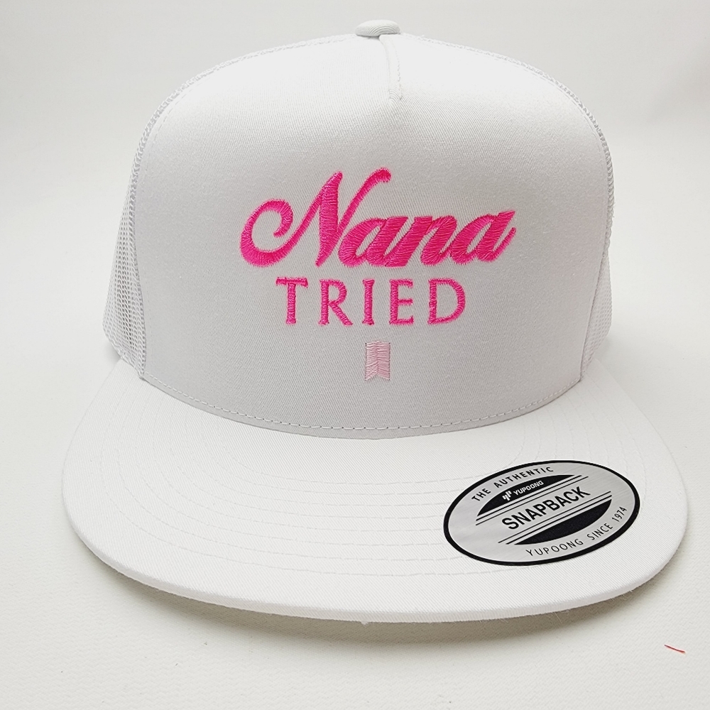 Nana Tried Mesh Snapback Embroidered Flat Bill Trucker Hat Cap White